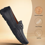 Men's Bugatti drivers blue leather shoes with a round toe and apron toe , a rubber outsole.