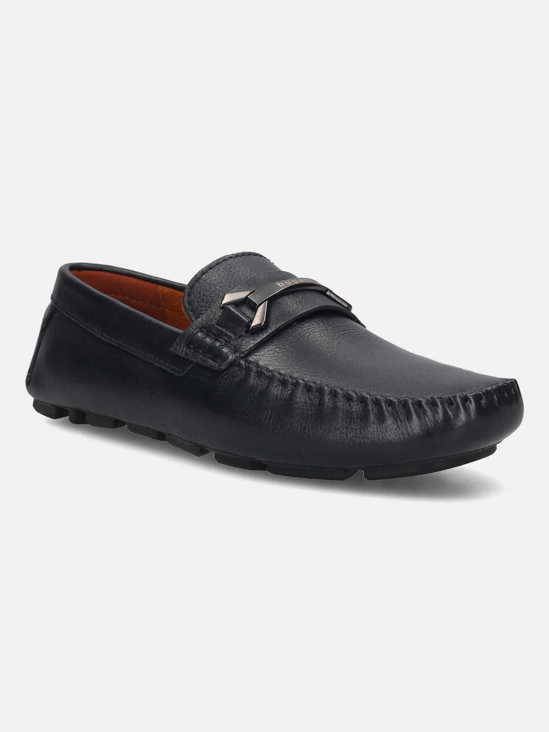 Men's Bugatti drivers blue leather shoes with a round toe and apron toe , a rubber outsole.