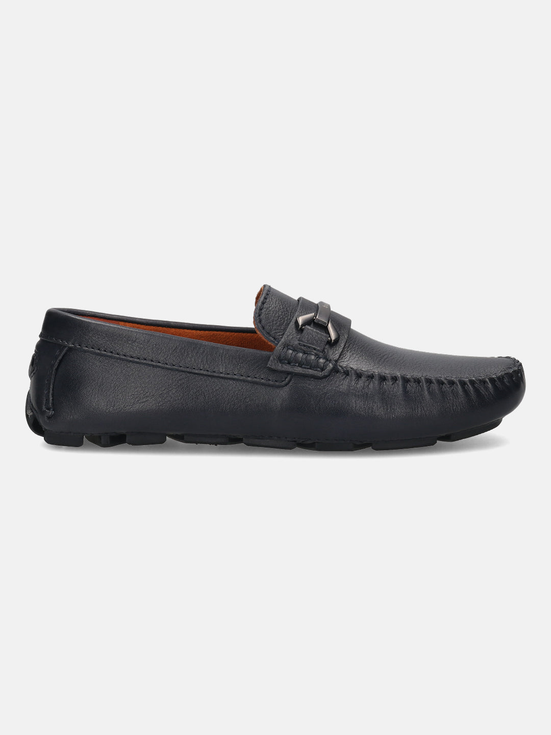 Men's Bugatti drivers blue leather shoes with a round toe and apron toe , a rubber outsole.