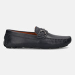 Men's Bugatti drivers blue leather shoes with a round toe and apron toe , a rubber outsole.