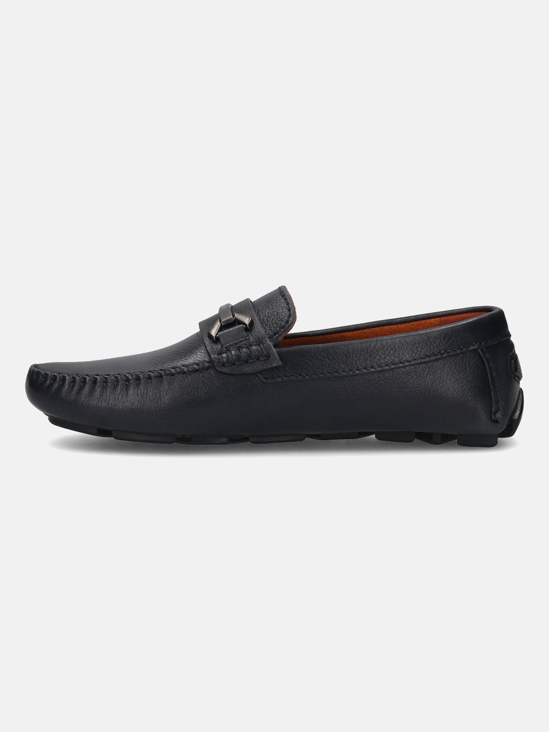 Men's Bugatti drivers blue leather shoes with a round toe and apron toe , a rubber outsole.