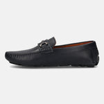 Men's Bugatti drivers blue leather shoes with a round toe and apron toe , a rubber outsole.
