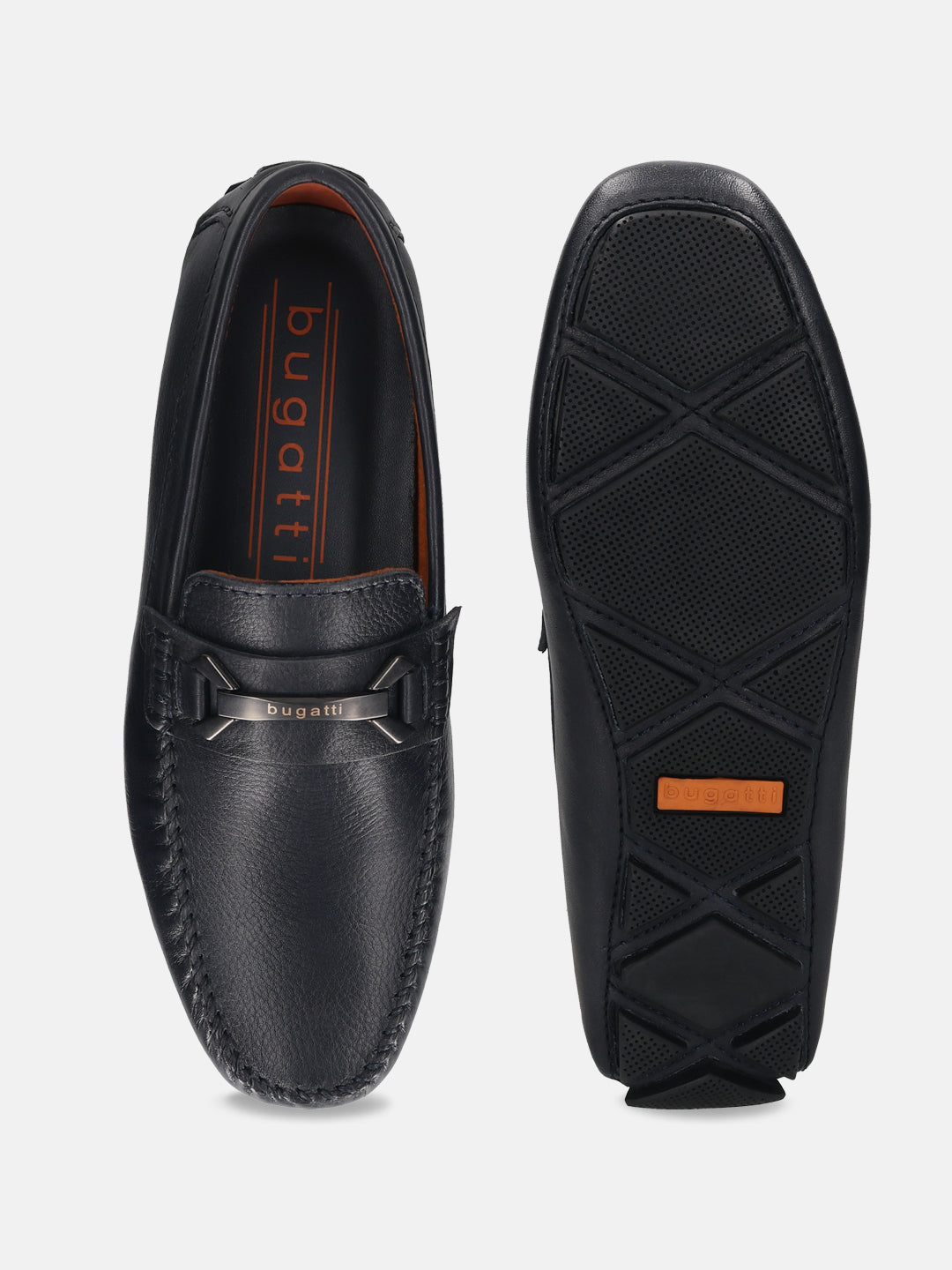 Men's Bugatti drivers blue leather shoes with a round toe and apron toe , a rubber outsole.