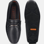 Men's Bugatti drivers blue leather shoes with a round toe and apron toe , a rubber outsole.