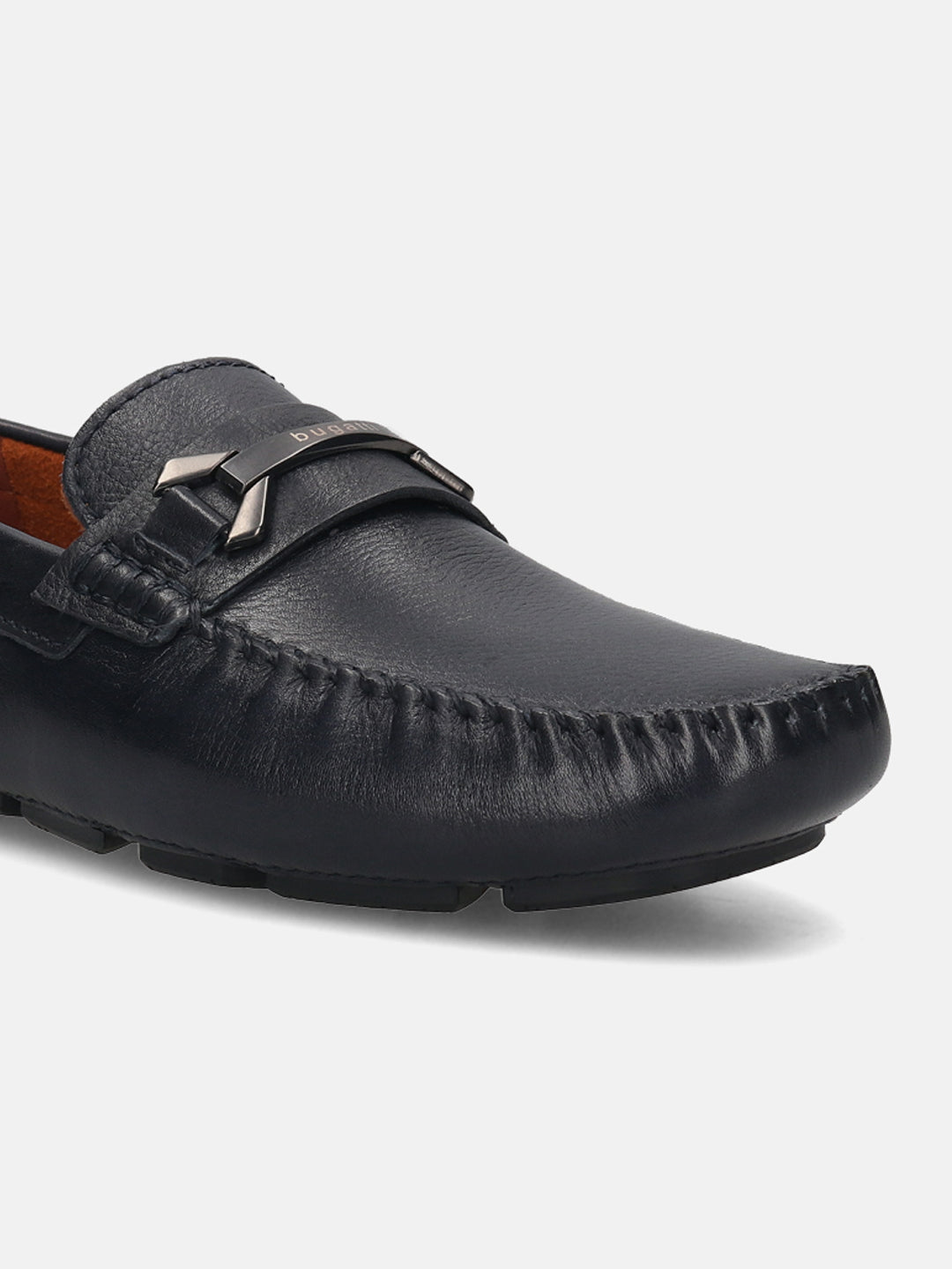 Men's Bugatti drivers blue leather shoes with a round toe and apron toe , a rubber outsole.