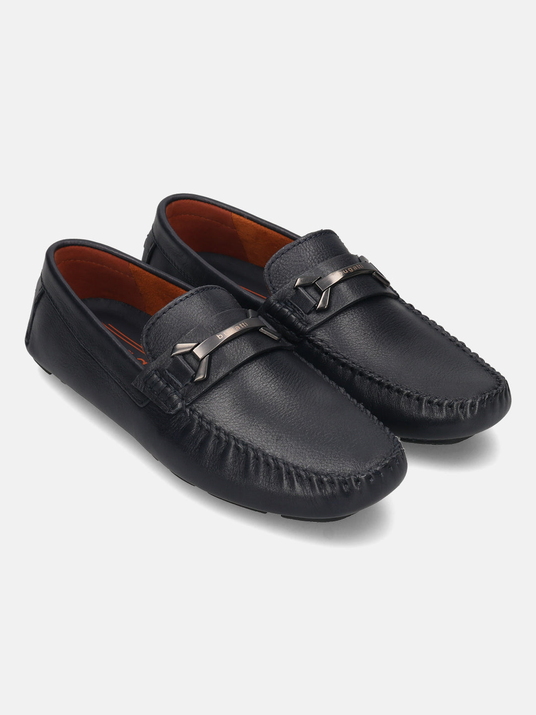 Men's Bugatti drivers blue leather shoes with a round toe and apron toe , a rubber outsole.
