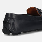 Men's Bugatti drivers blue leather shoes with a round toe and apron toe , a rubber outsole.