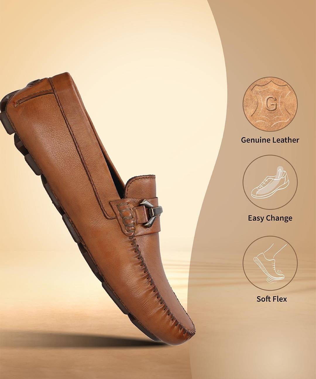 Men's Bugatti drivers cognac leather shoes with a round toe and apron toe , a rubber outsole.