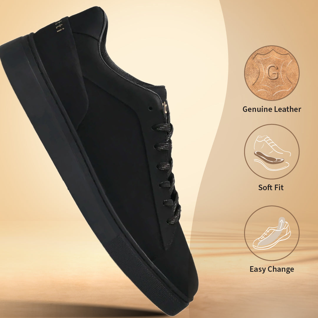 A black Men's bugatti Sneakers featuring a round toe plain toe, zero heels heel. Made from premium genuine leather with a durable tr outsole, this laces design offers both style and comfort.