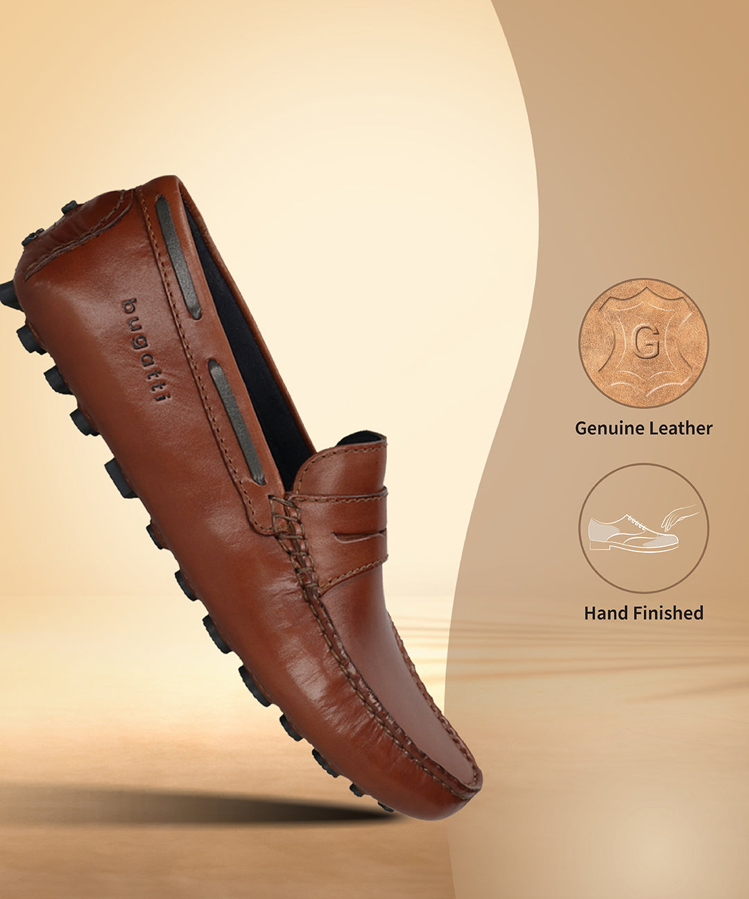 Men's Bugatti drivers cognac leather shoes with a round toe and apron toe , a tpr outsole.