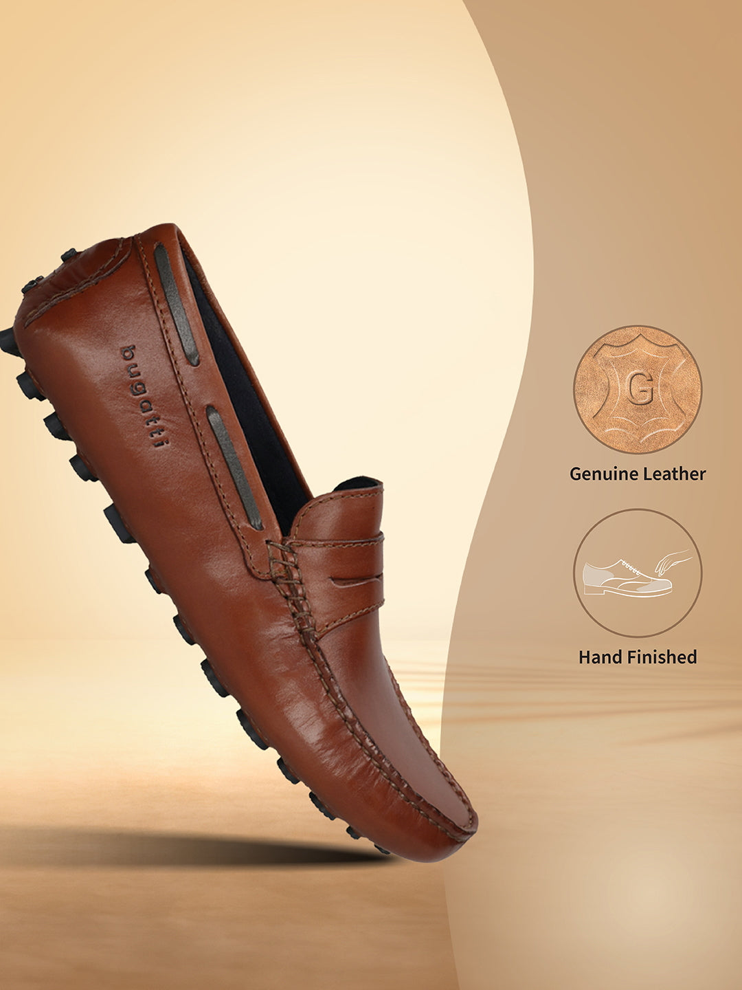 Men's Bugatti drivers cognac leather shoes with a round toe and apron toe , a tpr outsole.