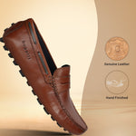 Men's Bugatti drivers cognac leather shoes with a round toe and apron toe , a tpr outsole.