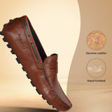 Men's Bugatti drivers cognac leather shoes with a round toe and apron toe , a tpr outsole.
