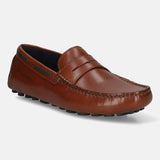 Men's Bugatti drivers cognac leather shoes with a round toe and apron toe , a tpr outsole.