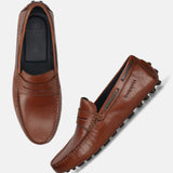 Men's Bugatti drivers cognac leather shoes with a round toe and apron toe , a tpr outsole.