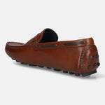 Men's Bugatti drivers cognac leather shoes with a round toe and apron toe , a tpr outsole.