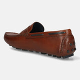 Men's Bugatti drivers cognac leather shoes with a round toe and apron toe , a tpr outsole.