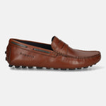 Men's Bugatti drivers cognac leather shoes with a round toe and apron toe , a tpr outsole.