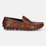 Men's Bugatti drivers cognac leather shoes with a round toe and apron toe , a tpr outsole.