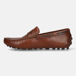 Men's Bugatti drivers cognac leather shoes with a round toe and apron toe , a tpr outsole.
