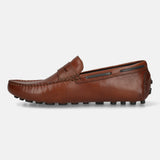 Men's Bugatti drivers cognac leather shoes with a round toe and apron toe , a tpr outsole.