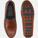 Men's Bugatti drivers cognac leather shoes with a round toe and apron toe , a tpr outsole.