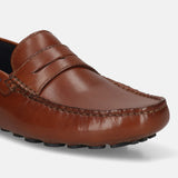 Men's Bugatti drivers cognac leather shoes with a round toe and apron toe , a tpr outsole.