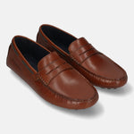 Men's Bugatti drivers cognac leather shoes with a round toe and apron toe , a tpr outsole.