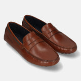 Men's Bugatti drivers cognac leather shoes with a round toe and apron toe , a tpr outsole.