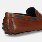 Men's Bugatti drivers cognac leather shoes with a round toe and apron toe , a tpr outsole.