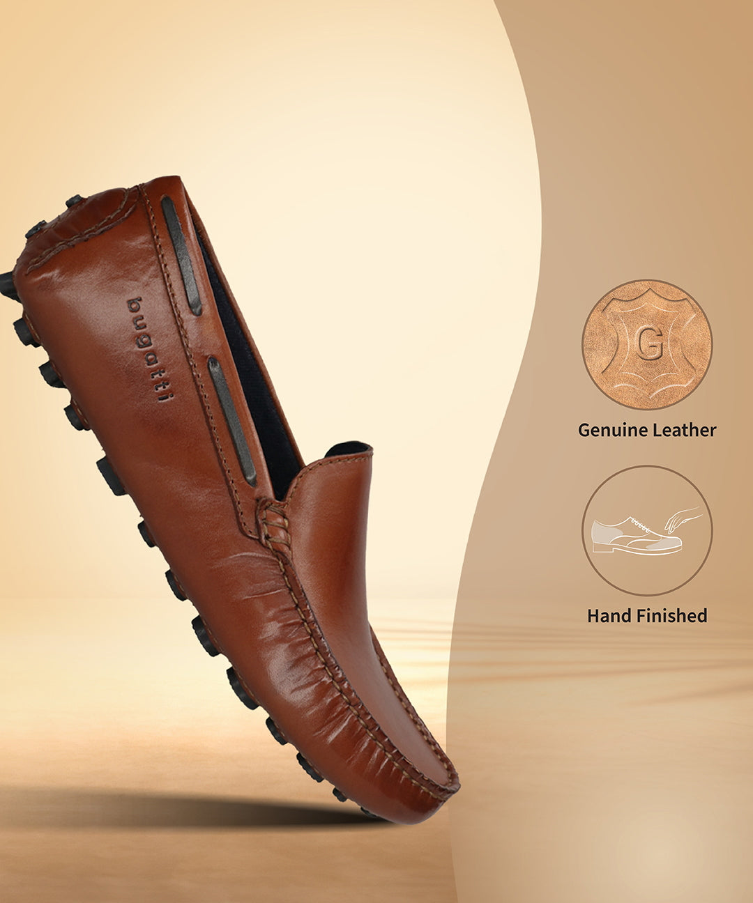 Men's Bugatti drivers cognac leather shoes with a round toe and apron toe , a tpr outsole.