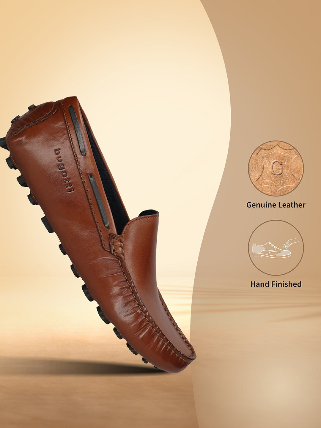 Men's Bugatti drivers cognac leather shoes with a round toe and apron toe , a tpr outsole.