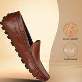 Men's Bugatti drivers cognac leather shoes with a round toe and apron toe , a tpr outsole.