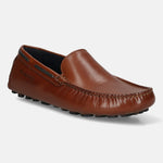 Men's Bugatti drivers cognac leather shoes with a round toe and apron toe , a tpr outsole.
