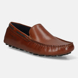 Men's Bugatti drivers cognac leather shoes with a round toe and apron toe , a tpr outsole.