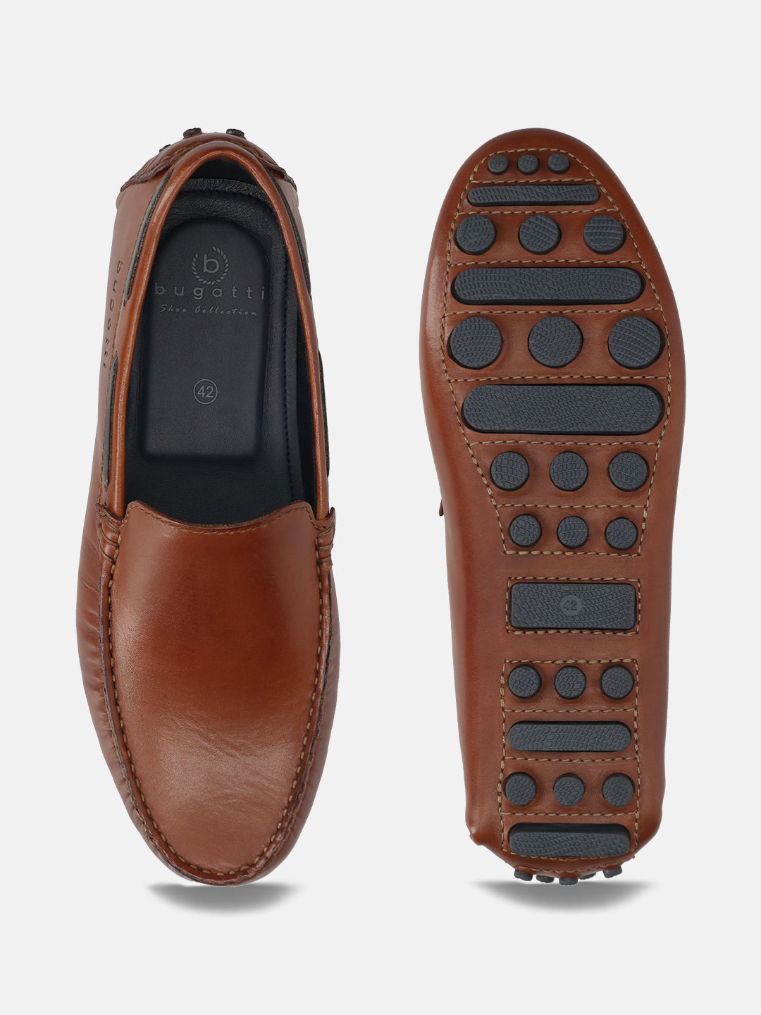 Men's Bugatti drivers cognac leather shoes with a round toe and apron toe , a tpr outsole.