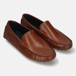 Men's Bugatti drivers cognac leather shoes with a round toe and apron toe , a tpr outsole.