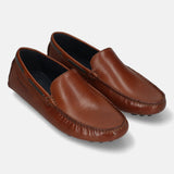 Men's Bugatti drivers cognac leather shoes with a round toe and apron toe , a tpr outsole.