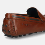 Men's Bugatti drivers cognac leather shoes with a round toe and apron toe , a tpr outsole.