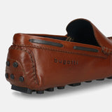 Men's Bugatti drivers cognac leather shoes with a round toe and apron toe , a tpr outsole.