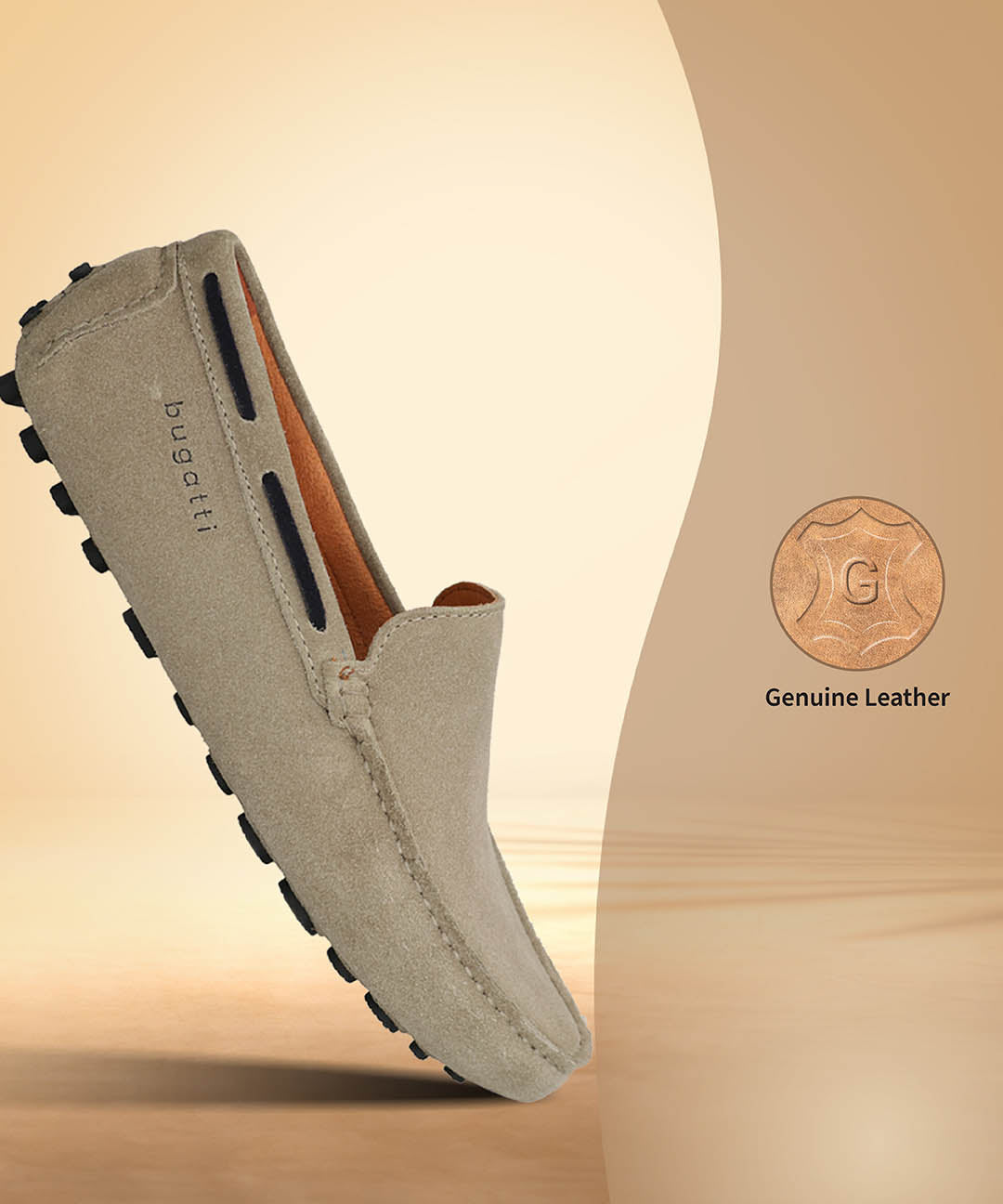 Sand-colored leather slip-on shoe by bugatti with black accent and non-slip black sole.