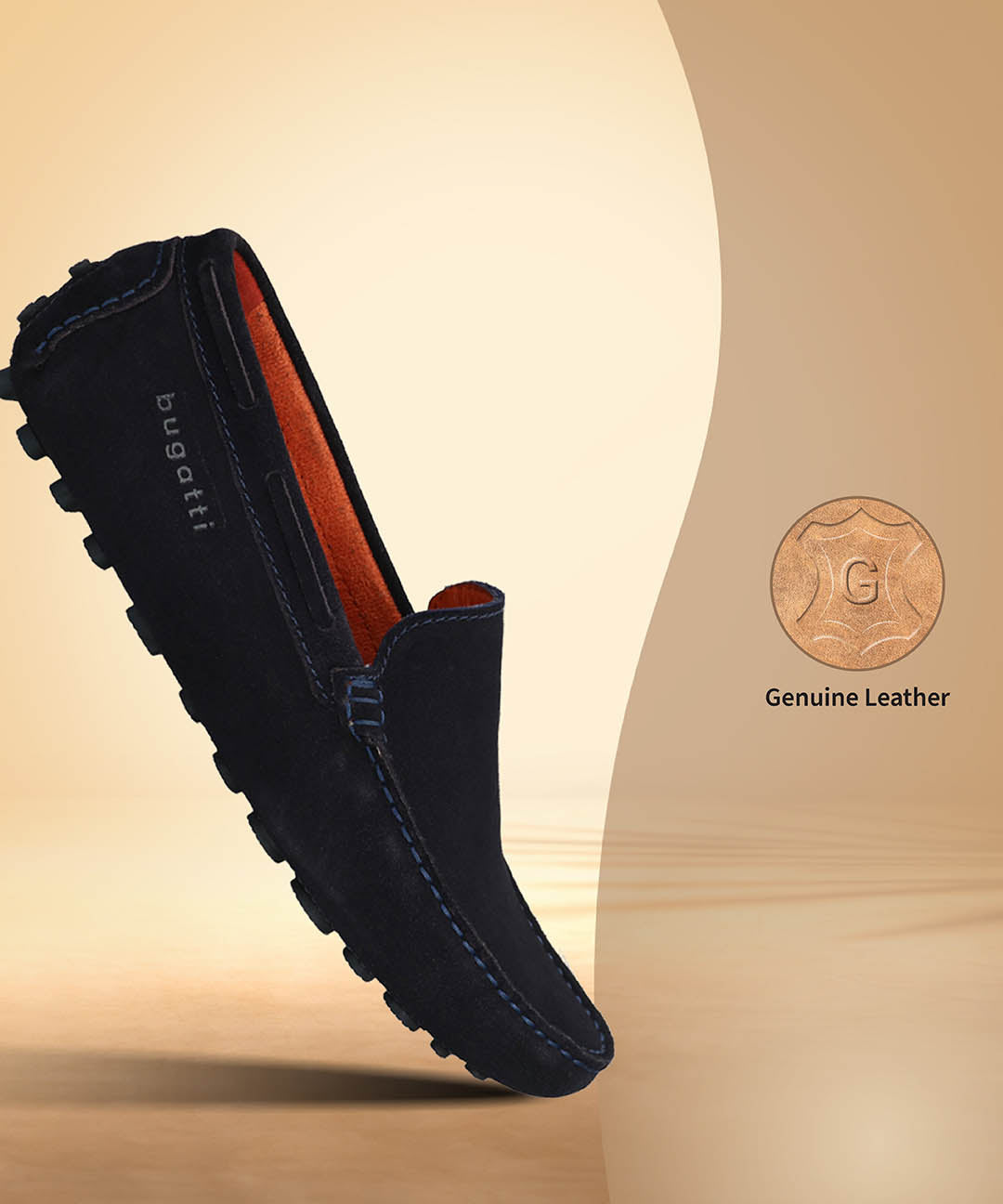 A blue Men's bugatti Drivers featuring a square toe apron toe, zero heels heel. Made from premium genuine leather with a durable pu outsole, this slip-on design offers both style and comfort.