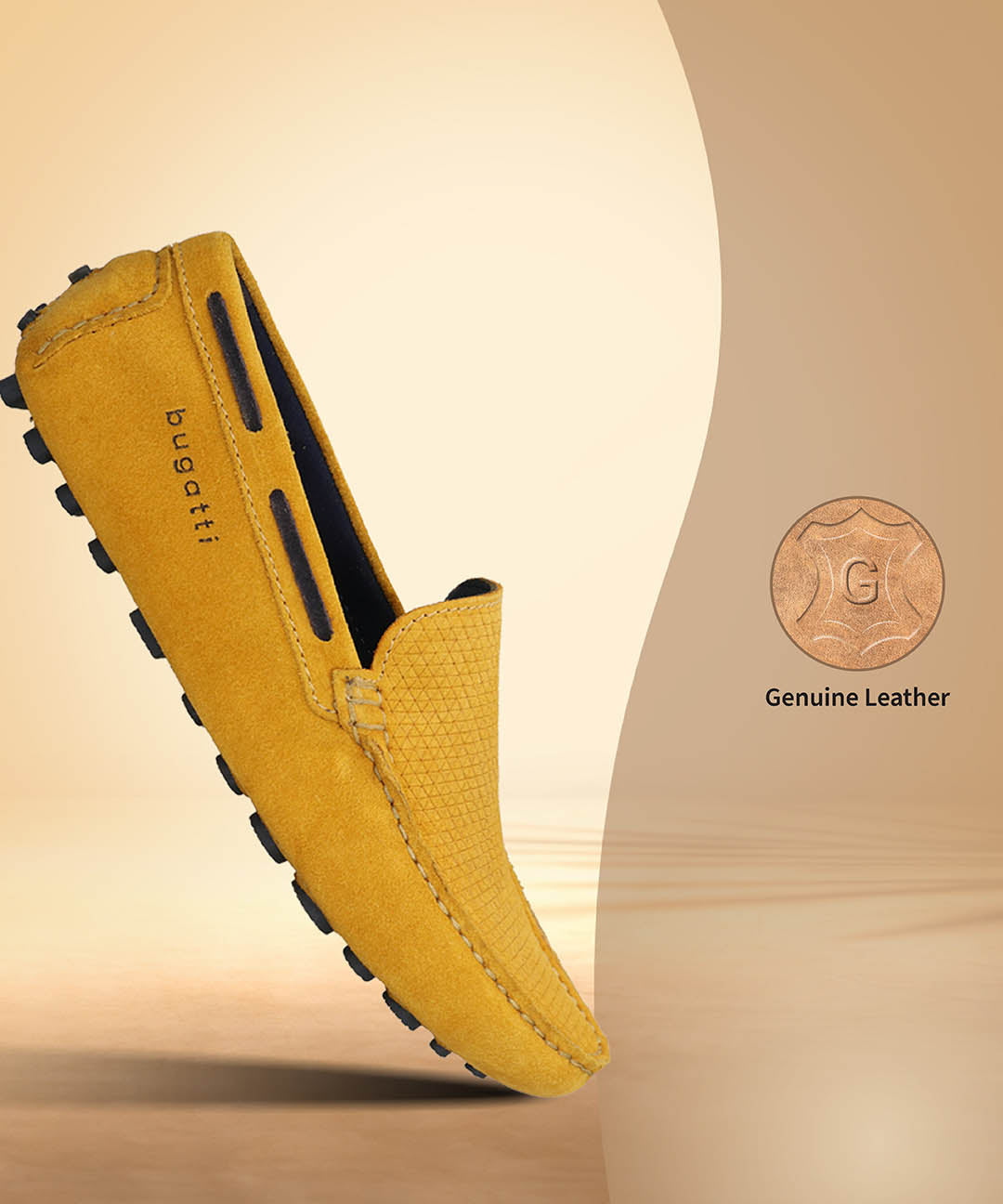 A yellow Men's bugatti Drivers featuring a square toe apron toe, zero heels heel. Made from premium genuine leather with a durable pu outsole, this slip-on design offers both style and comfort.