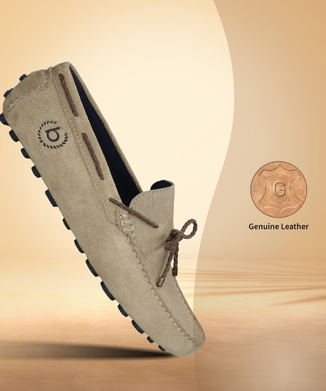 Men's Bugatti drivers beige leather shoes with a round toe and apron toe , a tpr outsole.