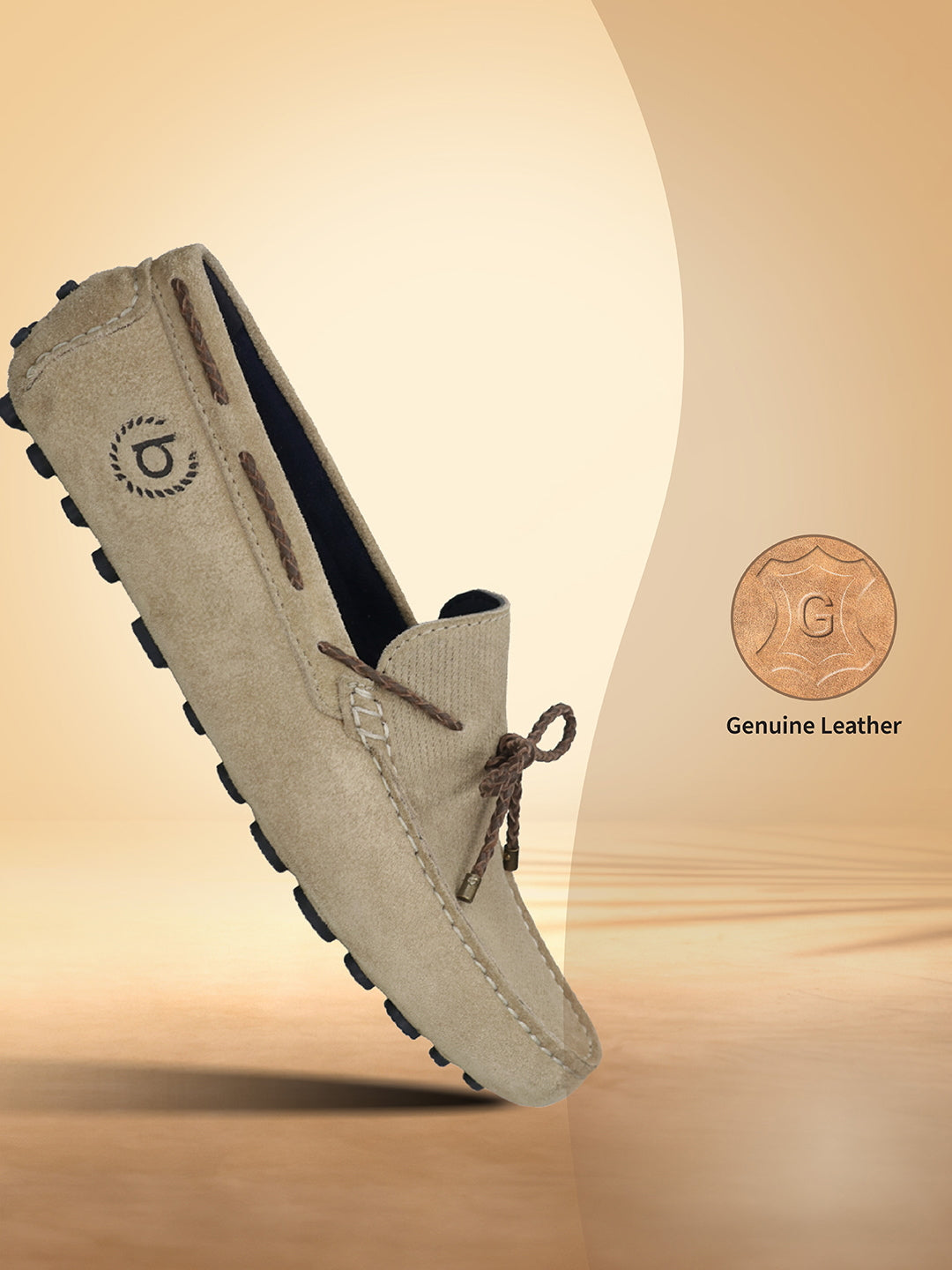 Men's Bugatti drivers beige leather shoes with a round toe and apron toe , a tpr outsole.