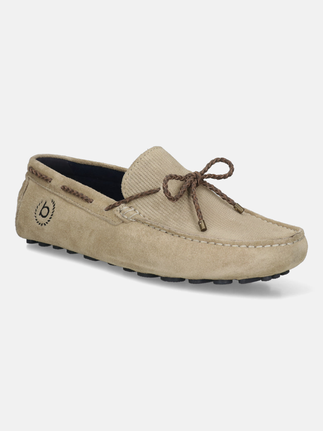 Men's Bugatti drivers beige leather shoes with a round toe and apron toe , a tpr outsole.