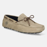 Men's Bugatti drivers beige leather shoes with a round toe and apron toe , a tpr outsole.