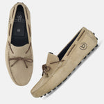 Men's Bugatti drivers beige leather shoes with a round toe and apron toe , a tpr outsole.
