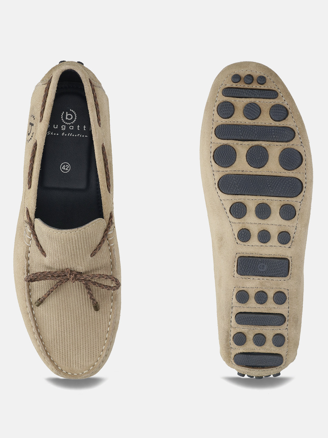 Men's Bugatti drivers beige leather shoes with a round toe and apron toe , a tpr outsole.
