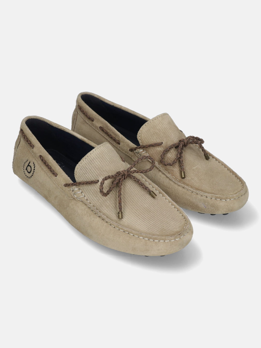 Men's Bugatti drivers beige leather shoes with a round toe and apron toe , a tpr outsole.